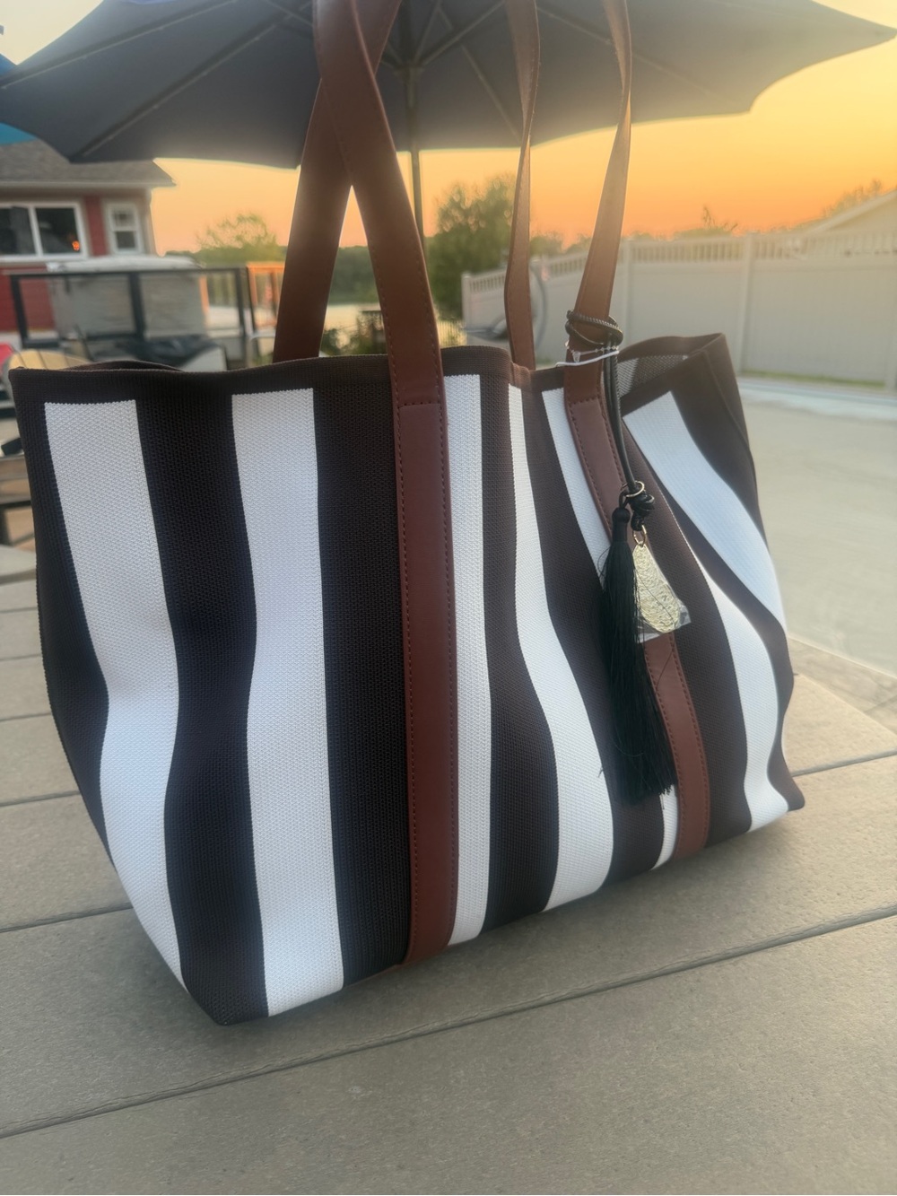 Joie Brown Cream Striped Convertible Tote Bag NWT